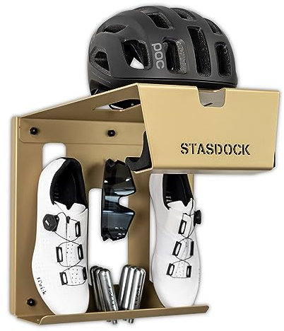 Stasdock Wall Mount Bike Rack | New Gold | Storage for Road Bikes | Bike Wall Mount with Shelf for Helmet Shoes and Accessories | Indoor Garage Bike Hanger | Bike Wall Bracket for Small Spaces