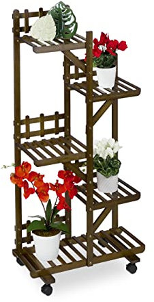 Relaxdays Pflanzenregal, Blumenständer mit 5 Ablagen, Bambus, HxBxT 130 x 62 x 36 cm, rollbar, Blumenregal innen, braun