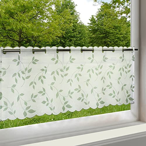 Delindo Lifestyle® Cortina para cocina, cortina de bistró blanca verde para ventana de cocina, moderna y transparente para primavera y verano, 45 x 115 cm
