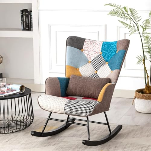 HomeMiYN Chaise à Bascule Patchwork Décorative en Lin Respirant, Design Confortable et Moderne pour Salon, Chambre, Balcon, Chaise à Bascule à Dossier Haut (Patchwork)