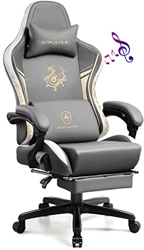 GTPLAYER Spelstol spelstol med Bluetooth-högtalare och fotstöd, Dragon Series kontorsstol, ergonomisk snurrstol, datorstol 150 kg, grå