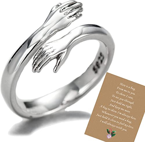 Hug Ring,925 Sterling Silver Hug Rings for Women Girls Adjustable s925 Silver Open Rings To My Daughter Granddaughter Hand Ring Jewelry for Gift Birthday Gift (card-hug ring)
