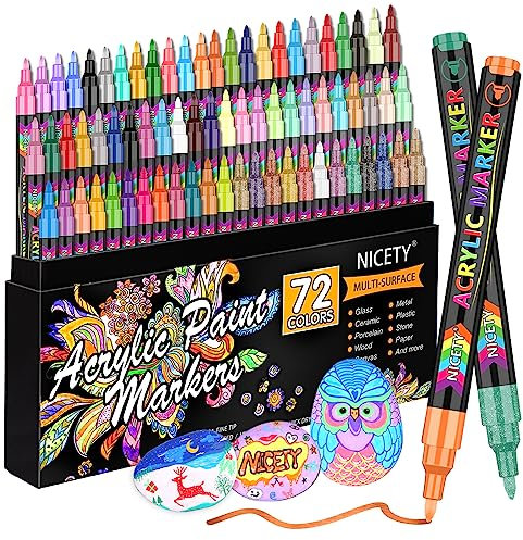 NICETY Acrylstifte für Steine Wasserfest - 72 Multimarker Acrylmarker Glasmalstifte für Stein Stoff Holz Leinwand Glas Keramik - 0,7 mm Acrylic Paint Marker Porzellanstifte
