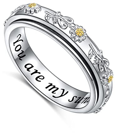 HOOHWE Gänseblümchen-Ring 925 Silber - Anti-Stress- und Fidget-Ring Du Bist Mein Sonnenschein - Inspirierendes Schmuck-Geschenk für Frauen