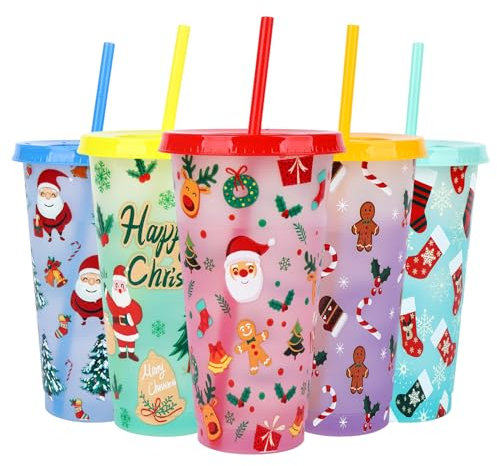 5 Stück Weihnachts-Getränkebecher 710ml kalte Farbe ändern Cup Set mit Deckel und Strohhalme Becher Tasse Trinkbecher Smoothie Saft Kaffeebecher für Weihnachtsfeier Dekorationen (Color B)