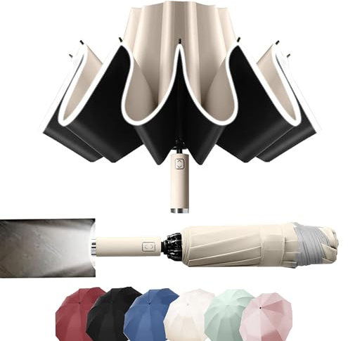 Paraguas Plegable Automático, Antiviento, luz LED, diseño de plegado inverso, Abrir y Cerrar Automático, Robusto Ligero Resistente, Golf, Adultos, Hombres y Mujeres, Grande