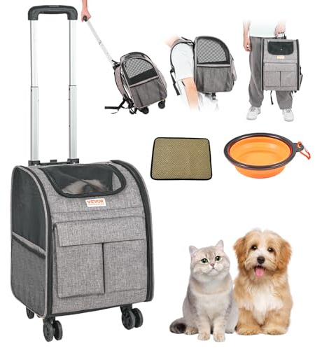 VEVOR Transportín para Mascotas con Ruedas Carga de 8,1 kg Maleta para Gatos 34x28x42 cm Transportador para Mascotas con Asa Telescópica Correa para Hombro Cremallera con Autocierre para Perros, Gris