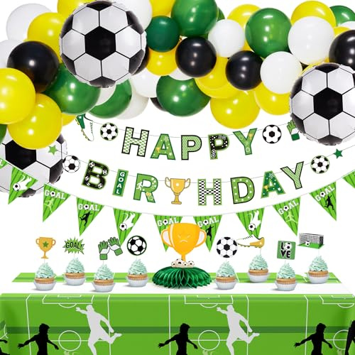 Homarkable Fußball Geburtstagsparty-Dekorationen, Fußball Partyzubehör mit Fußball-Ballons, Tischdecke, Alles Gute zum Geburtstag Banner und Tortenaufsätzen für Fußball-Themenparty, Kinder Fußballfans