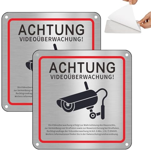 Videoüberwachung Schild, 2 STK Schild Videoüberwachung Privatgrundstück, Selbstklebend & Vorgebohrt Aluminium Achtung Videoüberwachung Schilds,15×15 CM Schilds Kameraüberwachung für Überwachungskamera