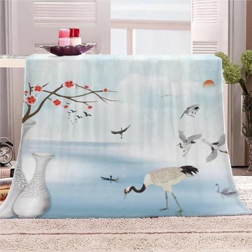 Weiß Kuscheldecke Flauschig 220x240cm 3D Kran Fleecedecke Weich Sofadecke Warm Bettdecke Decken Wohndecke Tagesdecke Sofaüberwurf Decke Couchdecke Bettüberwurf G1505