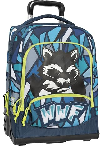 Franco Cosimo Panini WWF - Sac à dos scolaire Trolley officiel WWF, poignée réglable, bretelles rembourrées et réglables, roues Ø 90 mm remplaçables, fond préformé imperméable, 36 x 47 x 23 cm, bleu,