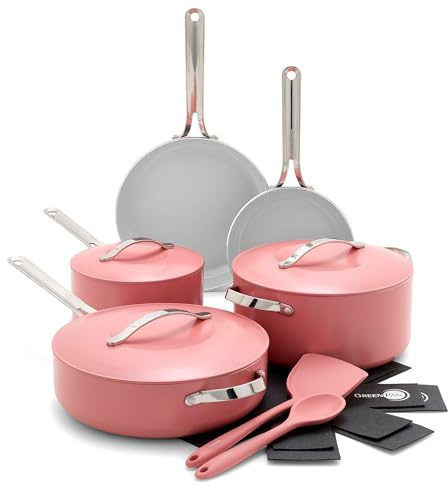 GreenPan Nova 10-Piece Cookware Pots and Pans Set, Oprah’s Favorite Things 2024, PFAS-Free Ceramic Nonstick, Fry, Sauté, Stockpot, Utensils, Lids, Induction Suitable, Dishwasher, Oven Safe, Coral