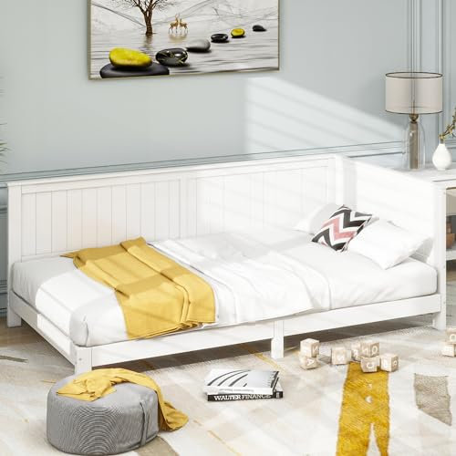 KecDuey Sofabett,Schlafsofa 90x200 cm, Einzeltagesbett aus Holz, Einzelbett mit Lattenrost,Rückenlehne Kinderbett,Holzbett,Bettrahmen (Weiß, 90 x 200cm)
