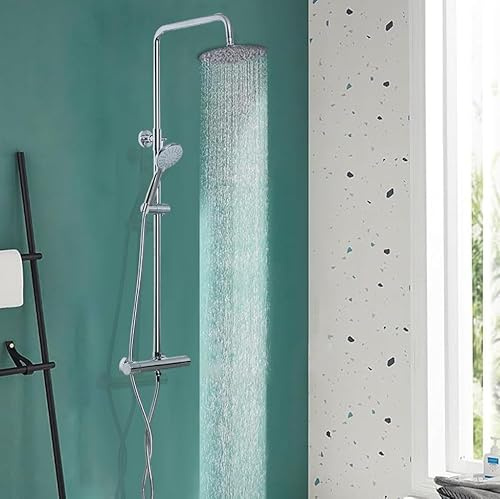 Beerwell Thermostatic Shower Set,Adjustable Height Shower Mixer Set for Bathroom with Round Rainfall Shower and Multi-Function Handheld Shower System (Silver-Round)