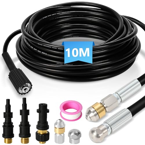 Vigevee Juego de manguera de limpieza de tuberías de 10 m, con boquillas rígidas + giratorias, 3 adaptadores, para limpiadores de alta presión convencionales, juego universal de limpieza de tuberías