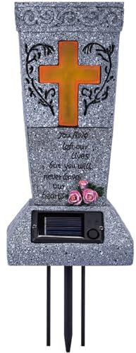 Lamppdcor Grave Flower Pots Solar Cemetery Grave Vase with Light Up Cross & Lament Resin Cemetery Vases with Spikes Carved Weather Resistant Grave Vase for Fake/Fresh Flowers, Flower Not Included