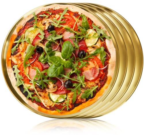 TOPZEA 4 Pack Stainless Steel Pizza Pan, 30cm Round Baking Pan Large Pizza Baking Tray, Pizza Tray Pizza Crisper Pan Food Serving Plate for Pizza, Pie, Cookie, Dessert, Oven & Dishwasher Safe, Gold