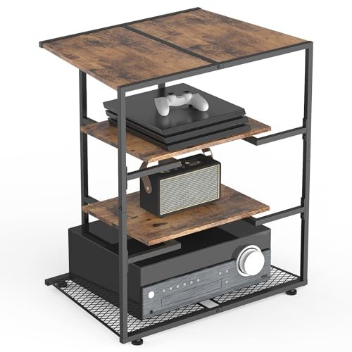 NOVIMANGO Spielkonsolenständer, AV-Media-Ständer, 4 Etagen, hölzernes Stereo-Schrank, Eckregal für Plattenspieler-Regal, Gaming-Entertainment-Center-Rack, Audioturm mit verstellbaren Regalen