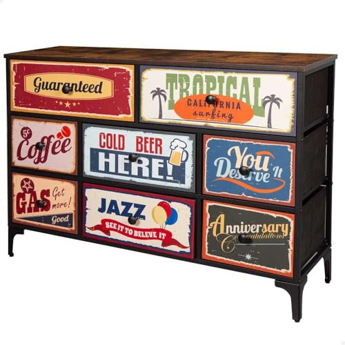 AKTIVE Max Home Cómoda dormitorio multiusos, Gráficos retro y vintage, 8 cajones de tela ligeros, 103x30x77 cm, Estructura acero, Tablero madera, Mesitas de noche, Muebles de salón (18403)