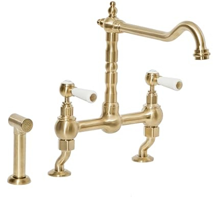 Milano Elizabeth Lever Handle Bridge Kitchen Sink Mixer Tap Swivel Spout Spray - Brass