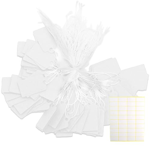 Paquete de 500 etiquetas de precio para joyas de cuerda, etiquetas de marca con cordón elástico, etiquetas de anuncio, etiquetas de precio de papel (blanco) más 500 pegatinas para carteles