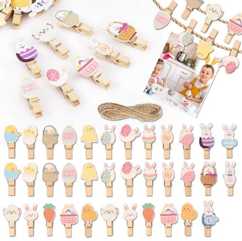 Lot de 35 mini pinces à linge en bois pour photos, lapins de Pâques, œufs de Pâques, poussins, petites pinces en bois pour accrocher des photos, des décorations de bricolage, des cadeaux, des cartes