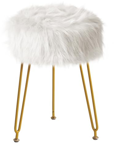 IBUYKE Faux Fur Vanity Stuhl, Pelziger Make-up Hocker Ottoman, Weiß L/G-32W | Weicher gepolsterter Sitz Runde Fußlehne Fußhockel 4 Metallbeine Wohnzimmer Schlafzimmer Eingang