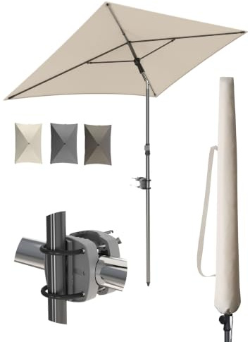 Menz Sonnenschirm Balkon 3-teiliges Komplettset, Beige - UPF 50+ Sonnenschirm rechteckig 200 x 125 cm + Sonnenschirmhalter Balkongeländer + Sonnenschirmhülle, Sonnenschutz Balkon, Balkon-Schirm