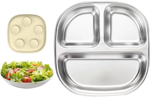 Assiettes Compartimentées pour - Assiettes Anti-Glisse pour Tout-Petits avec Séparateurs | Assiettes Réutilisables en Acier Inoxydable avec Ventouse, Bol Antidérapant et Lavable au Lave-vaisselle pour