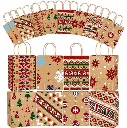 XIMISHOP 16 Stück Weihnachtstaschen aus Kraftpapier, Geschenktaschen Weihnachten Christmas Geschenktüten mit Henkel für Xmas Weihnachtsdekoration und Weihnachtsfeier