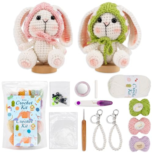 Alvian Kaninchen-Häkelset für Anfänger, 2 Stück, DIY Bunny Strick-Starter-Set mit Schlüsselanhänger, inklusive Garn, Metallhaken und Zubehör, Geschenk für Erwachsene und Jugendliche