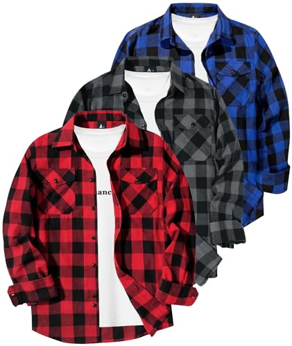 ZITY 3 Pack Men Plaid Flannel Shirts Long Sleeve Casual Button Down Collar Jackets for Men with Pockets