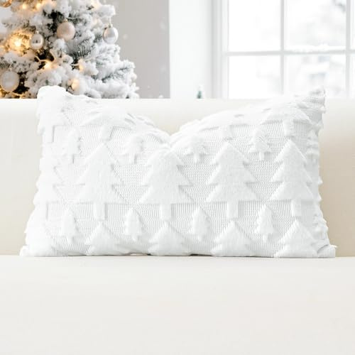 JOTOM 1 Stück Weihnachten Kissenbezüge, Plüsch Kurze Wolle Dekorativ Zierkissenbezüge Weihnachtsbaum Kissenhüllen Sofakissen Kissenbezug Weihnachtsdeko für Wohnzimmer Garten (30x50cm, Weiß)