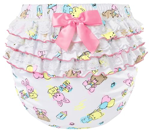 Littleforbig Silky Washable Reusable Waterproof Ruffled Lace Bow Baby Cuties Pattern Ruffle Adult Diaper Cover S