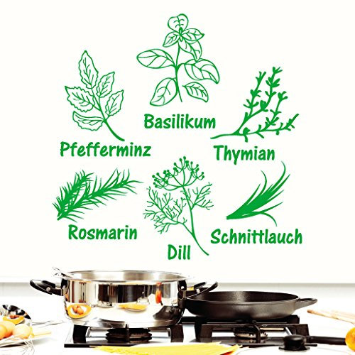 Wandtattoo Loft Schriftzug und Abbildung Kräuter Basilikum, Thymian, Schnittlauch, Dill, Rosmarin, Pfefferminz/Wandtattoo/Wandaufkleber / 54 Farben / 3 Größen/safrangelb / 95 cm hoch x 95 cm breit