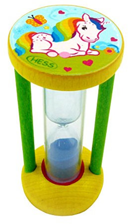 Hess Holzspielzeug 14589 - Zahnputzuhr aus Holz für Kinder, Serie Einhorn, inkl. Sanduhr mit farbigem Sand, handgefertigt, zur täglichen Nutzung beim Zähneputzen
