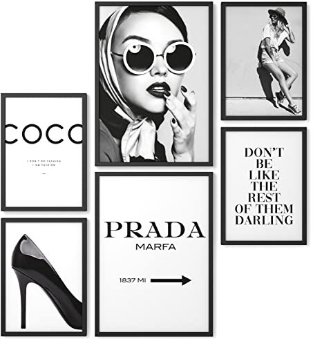 Papierschmiede® Mood Poster Set Stampe da Parete « Coco Bianco e Nero » Quadri vintage per Soggiorno e Camera da Letto e Cucina, 2x A4 e 4x A5, Glamour Lifestyle Moda - senza cornici