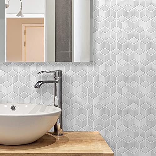 WALPLUS 28.5x14cm@36 pcs Grey Stone Hexacube Wall Tile Sticker Backsplash Tile Paint Stick on Tiles Peel and Stick Self Adhesive Wall Tiles Stickers for Kitchen Bathroom Tile Transfer