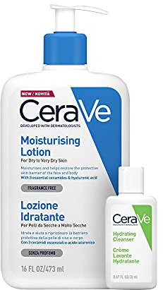 CeraVe Kit Corpo e Viaggio, Lozione Idratante Viso e Corpo, Per Pelle Secca, con Acido Ialuronico 473 ml + Detergente Idratante Viso da Viaggio, Per Pelli da Normali a Secche, 20 ml