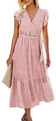 ASOMI Kleid Damen Sommer Boho: Blumen Herbst Wickelkleid Frühling Mode Lang Maxikleid V-Ausschnitt Casual Kurzarm Strandkleid Langarm Rüschen Freizeitkleid mit Gürtel 121 Rosa 42