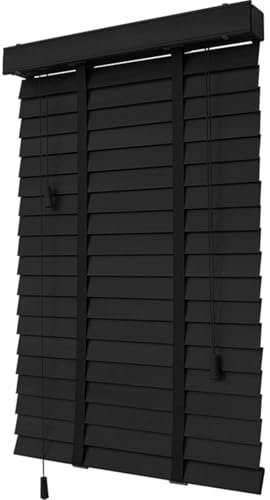 Echtholz Jalousien,Schwarz,Holzjalousie Für Fenster,Sonnenschutz/Sichtschutzvorhänge,Jalousette 50mm Lamellen,Horizontal Jalousetten 50cm 60cm 80cm 90cm 100cm 110cm 120cm,W×H-90x130cm/35.5x51in
