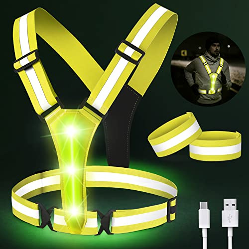 Vaileal Gilet Réfléchissant Running, Gilet Reflechissant Vélo LED Rechargeable avec Taille Réglable avec 2 Bandes réfléchissantes, pour Jogging, randonnée, Promenade Chienou (Jaune)