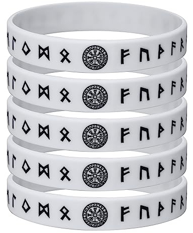 FLHEART Wikinger Schmuck Herren Armband Silikon - 5 Stück Schwarz Nordisches Wikinger Runen Armbänder Armreif für Männer Frauen, Wasserdichtes Gummiband Komfortable Passform, Wikinger Geschenke