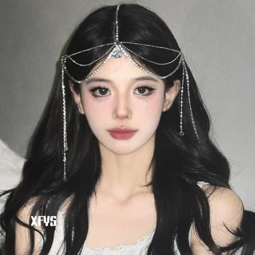 fdsmall Stirnbänder für Frauen Stirnband Kopfkette mit Kristall Tropfen Kopfbedeckung Fee Haar Ornamente Stirn Kette Kristall Stirnband Haarbekleidung Lange Quaste Kopfbedeckung Kopfstück für Haar