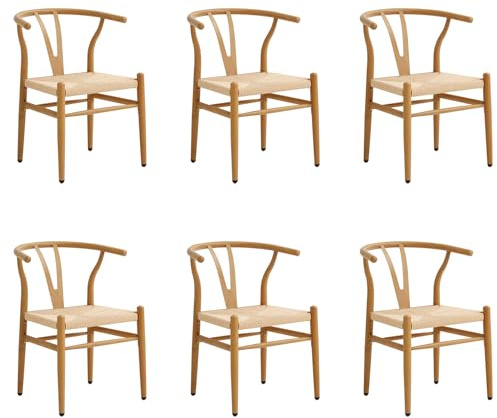 BenyLed Set med 6 matsalsstolar, rottingstolar, stolar med armstöd för sovrum, vardagsrum, läsrum, matsal och kök (original träfärg)