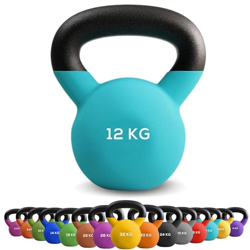 Kettlebell 12kg in Ghisa Rivestita in Neoprene - Pesi per Braccia ed Esercizi Funzionali per Allenamento a Casa - Fitness Attrezzi Casa – Kettlebell Oscillante Antiscivolo - Peso per Squat e Swing