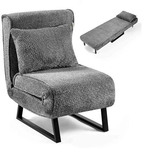 Makika Schlafsessel Schlafsofa Boucle LEA 4in1 - Bettfunktion - Verstellbare Rückenlehne - inkl. Kopfkissen - Bis 200kg - Klappsessel Relaxsessel Sofabett Klappbett Gästebett Wohnzimmer Grau