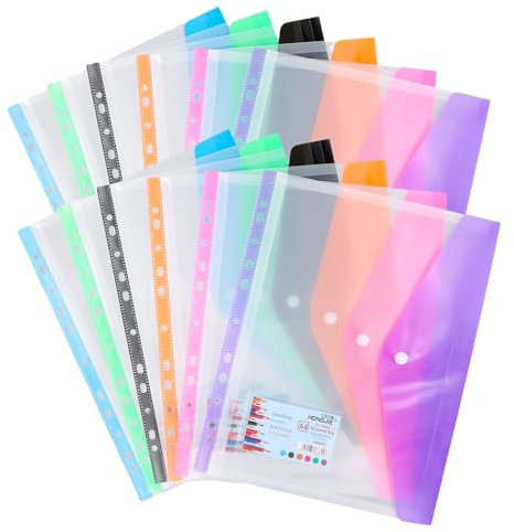 Catime 12-pack A4-dokumentplånböcker, expanderbara plastmappar med Popper, genomskinliga kuvert, omslag A4, 6 färger (blå, rosa, lila, orange, svart, grön)