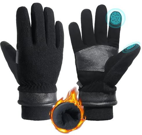 HANDLANDY Gants de travail isolés en cuir de cerf Gants thermiques chauds en polaire pour temps froid Écran tactile pour la conduite de voiture Cyclisme Ski Snowboard L