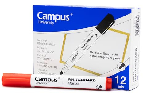 Campus Låda med 12 whiteboardpennor med 2 mm kulspetspennor, perfekt för skrivning i glas, whiteboard och andra släta ytor (röd)